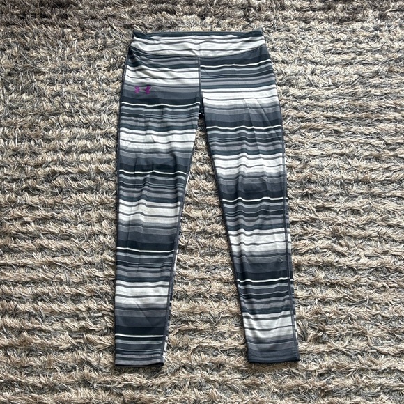 Under Armour Pants - Under Armour Gray & White Striped Girls' Performance Leggings with Purple Logo